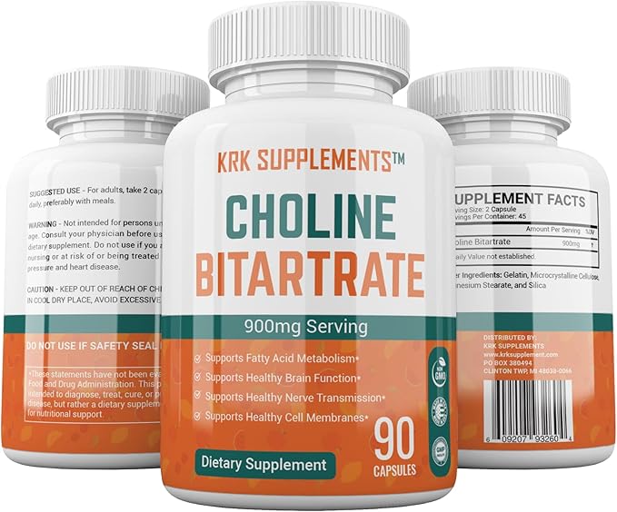 2 Bottles Choline Bitartrate 900mg Per Serving 180 Total Capsules KRK Supplements