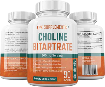 2 Bottles Choline Bitartrate 900mg Per Serving 180 Total Capsules KRK Supplements