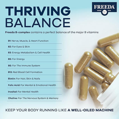 FREEDA High Potency Super B-Complex – B1, B2, B3, B5, B6, Biotin, Folic Acid & B12 – Energy, Mood & Nervous System Support – Vegan, Kosher, Gluten-Free – 250 Capsules