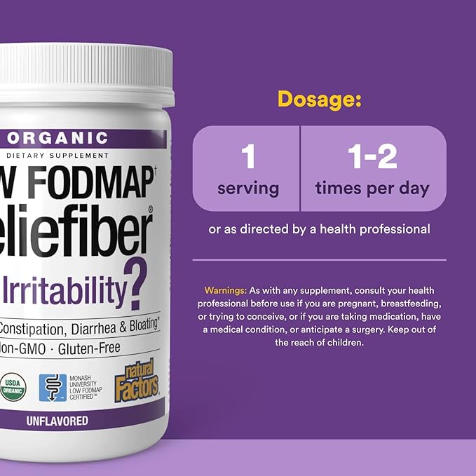 Natural Factors Organic Low FODMAP Reliefiber, Digestive Fiber Powder, Unflavored, 5.3 Oz