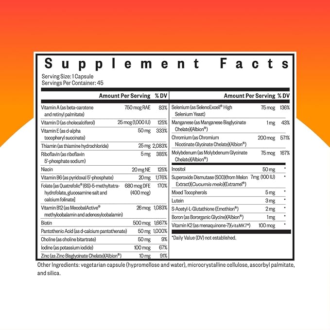 Seeking Health Multivitamin One, 1 a Day Multivitamin Supplement for Adults, Methyl B12 and Methylfolate, Vitamin A, Bioavailable Nutrients for Men and Women, Vegetarian (45 Capsules)