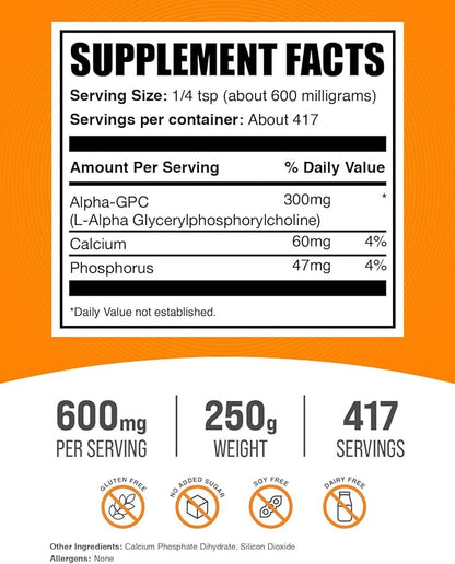 BulkSupplements.com Alpha GPC Powder - Choline Supplements, Alpha GPC 300mg - Unflavored & Gluten Free, 600mg per Serving, 250g (8.8 oz) (Pack of 1)
