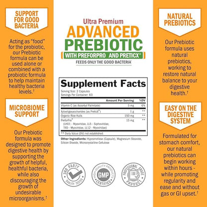 Advanced Prebiotics for Digestive Health - Fast Acting Gut Health Supplement with Clinically Validated Prebiotics for Women & Men for Healthy Gut Flora Bloating & Immune Support - 2 Month Supply