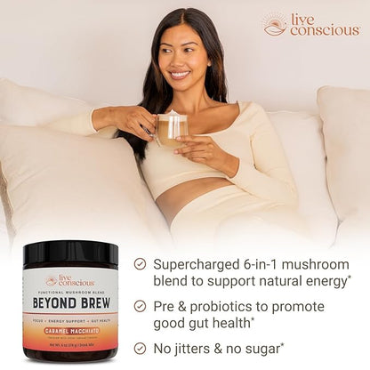Beyond Brew Caramel Macchiato Coffee Alternative - Low Caffeine Superfood - Powerful Mushroom Complex with Lion’s Mane, Reishi & Chaga - Brewed Drink with Prebiotics & Probiotics (2-pack)
