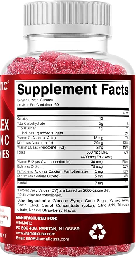 Vitamatic Vitamin B Complex Gummies with Vitamin C & Inositol - Natural Strawberry Flavor - 60 Gummies (1 Bottle)