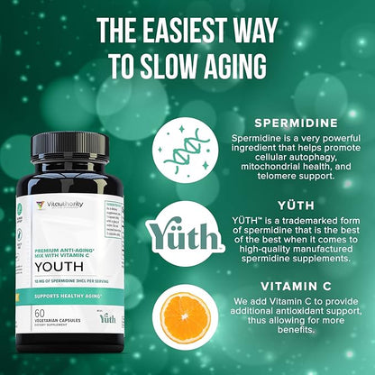 Enhanced Absorption Pure Spermidine Supplement - 99% Standardized Spermidine 3HCL Anti Aging Supplement for Women and Men’s Longevity Brain Telomere Heart Cell and Skin Support - 60 Servings