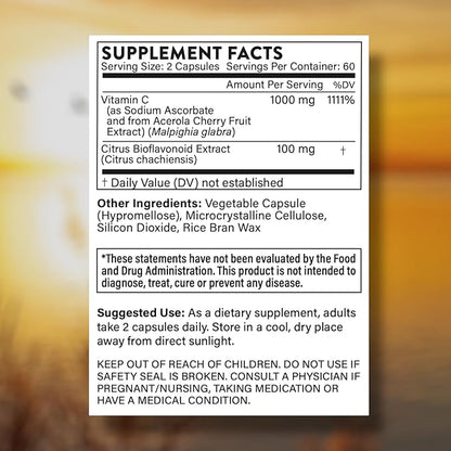 Vitamin C 1000mg - Vitamin C Supplement with Acerola Cherry, Sodium Ascorbate & Citrus Bioflavonoids for Immune Support, Collagen Boost, Heart Health, Energy Support, DNA Repair, 120 Veggie Caps