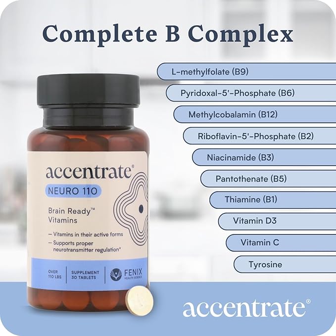 Accentrate Neuro 110- Complete Vitamin B Complex | Methylated Multivitamin w/L-Methylfolate (5-MTHF) Methylcobalamin (B12) Pyridoxal-5'-Phosphate (P5P) | Brain Health | MTHFR Supplement | 30 Tablets