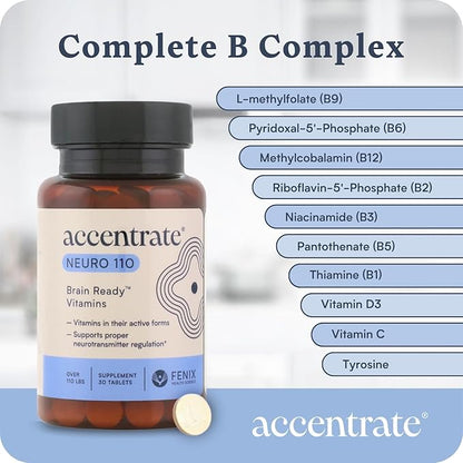 Accentrate Neuro 110- Complete Vitamin B Complex | Methylated Multivitamin w/L-Methylfolate (5-MTHF) Methylcobalamin (B12) Pyridoxal-5'-Phosphate (P5P) | Brain Health | MTHFR Supplement | 30 Tablets