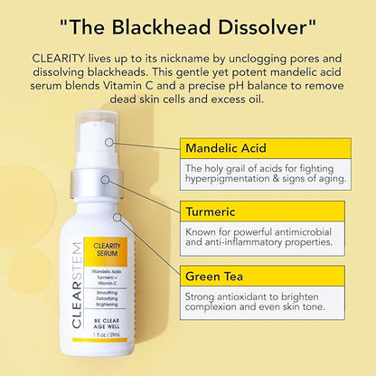 CLEARSTEM - CLEARITY The Blackhead Dissolver Mandelic Acid Serum - Vitamin C, Turmeric, Collagen Boost - All Skin Types - Facial Skin Care Products - Gluten Free, Cruelty Free - 1 fl oz / 29ml