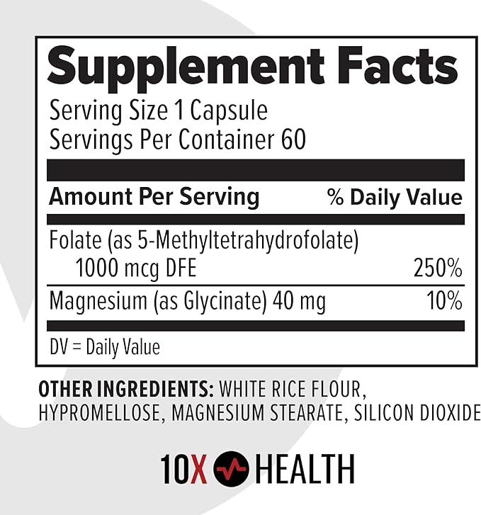 10X Health 5-MTHF Methylfolate - Methylated Folate & Magnesium for Brain, Heart Health, DNA & Neurotransmitter Synthesis - Bioavailable Methyl Folate Supplement - Methylfolate Supplement 60 Capsules