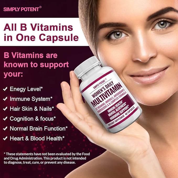 Multivitamin for Women, 37 Multi Vitamins with Minerals, Vitamins A C D E, Biotin, B12, Folate, Zinc, Magnesium, Calcium, Green Tea for Hair, Skin, Nails, Energy, Immune & Hormone Support, 60 Capsules
