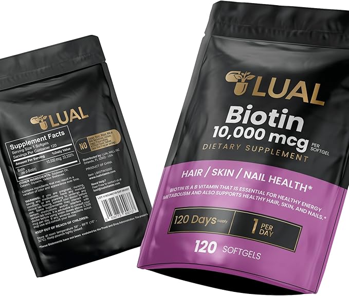 LUAL Biotin 10,000 mcg Hair Skin and Nails Biotin Hair/Skin/Nail Health 10,000 mg - 120 SoftGels