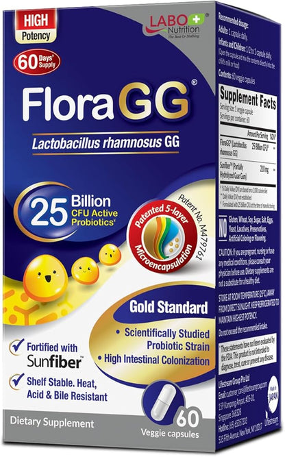 LABO Nutrition FloraGG, Lactobacillus Rhamnosus GG 25 Billion CFU Active Probiotics & Sunfiber Prebiotic Fiber Supplement, Support Healthy Intestinal, Immune Health| Delayed Release & Gluten Free 60s