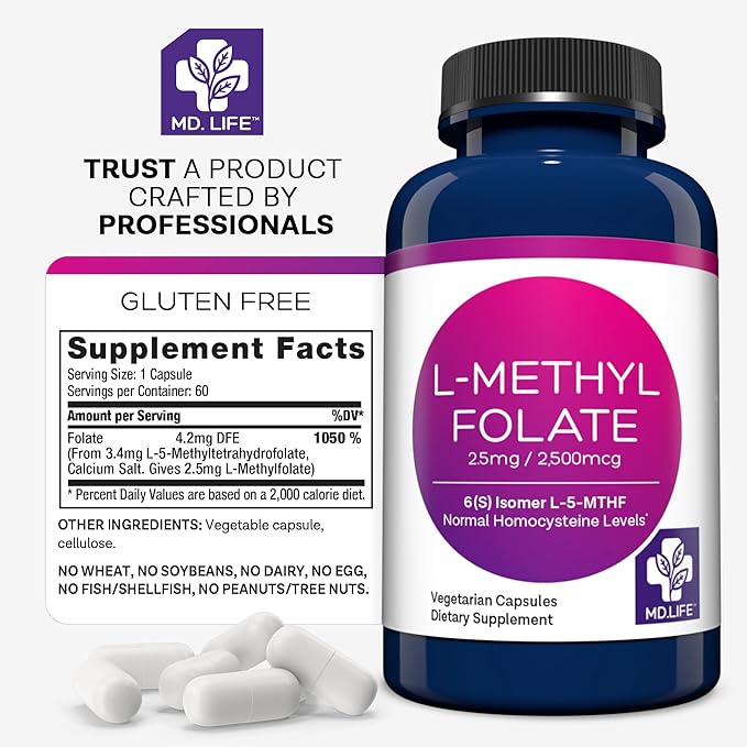 MD Life L-Methylfolate 2.5 mg Supplement - Professional-Grade Active L Methylfolate Supplement - 60 Capsules - L-Methylfolate 2.5mg - Maximum Potency MTHFR W/ Essential Amino Acids