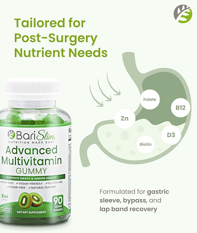 BariSlim Advanced Bariatric Multivitamin Gummies - Specially Formulated Bariatric Vitamins for Patients After Weight Loss Surgery - Supports Energy & Immune Health | Kiwi (90 Vegan Gummies)