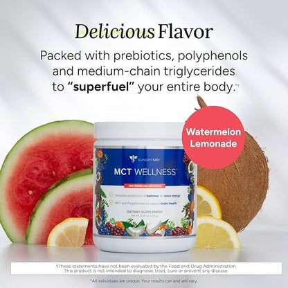 Gundry MD MCT Wellness Powder to Support Energy, Ketone Production and Brain Health, Keto Friendly, Sugar Free (90 Day Supply, Watermelon Lemonade)