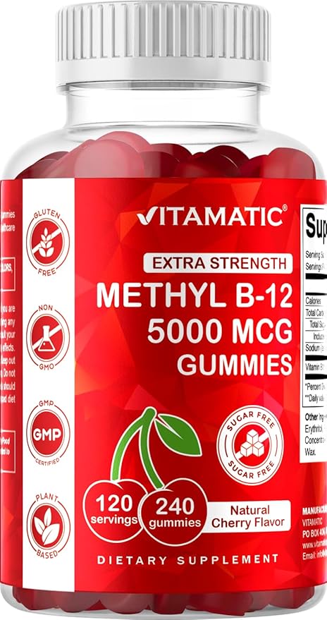 Vitamatic Extra Strength Vitamin B12 5000 mcg (Methyl B12) Gummies - 240 Count, Natural Cherry Flavored