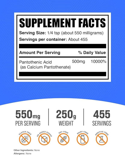 BulkSupplements.com Vitamin B5 Powder - as Calcium Pantothenate, B5 Vitamins - Gluten Free, 500mg of Vitamin B5 Pantothenic Acid per Serving, 250g (8.8 oz) (Pack of 1)