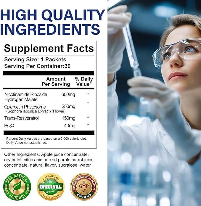 NAD+ Liquid Supplement 30 Packets, Premium Nicotinamide Riboside & Resveratrol with PQQ, Promotes Anti-Aging, Metabolism Support, Focus & Energy Boost