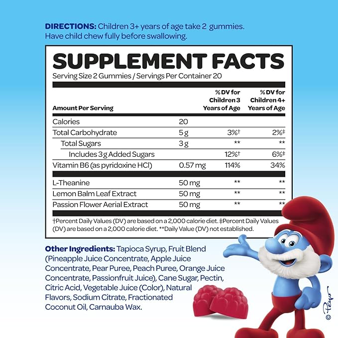 Smurfs Kids Calm Gummies | Calming Gummies for Kids with Lemon Balm & L Theanine | Made with Real Fruit | Doctor Developed | Gelatin Free Non-GMO No Artificial Flavors or Colors | 20 Servings