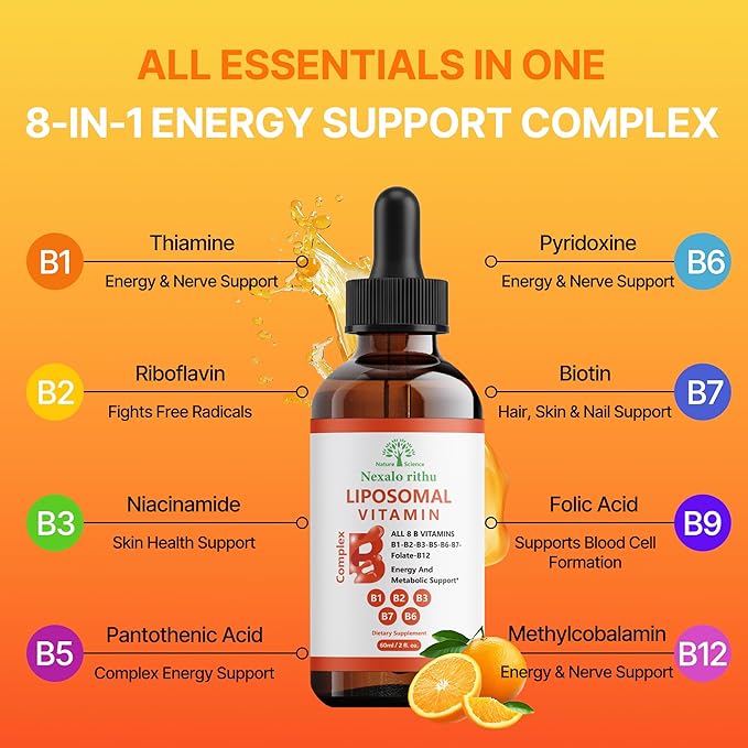 Liposomal Vitamin B Complex,Vitamin B Complex Liquid,B Complex Liquid Drops for Women Men-Improved Absorption,Methylated B12,B1,B2,B3,B5,B6,Folate (B9),Biotin (B7) for Energy and Immune Support-2.0 oz