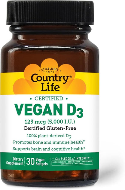 Country Life Vegan D3 5000 IU – Plant-Derived Vitamin D3 from Lichen – High Potency Immune & Bone Support – Certified Vegan, Gluten-Free, Non-GMO – 30 Softgels