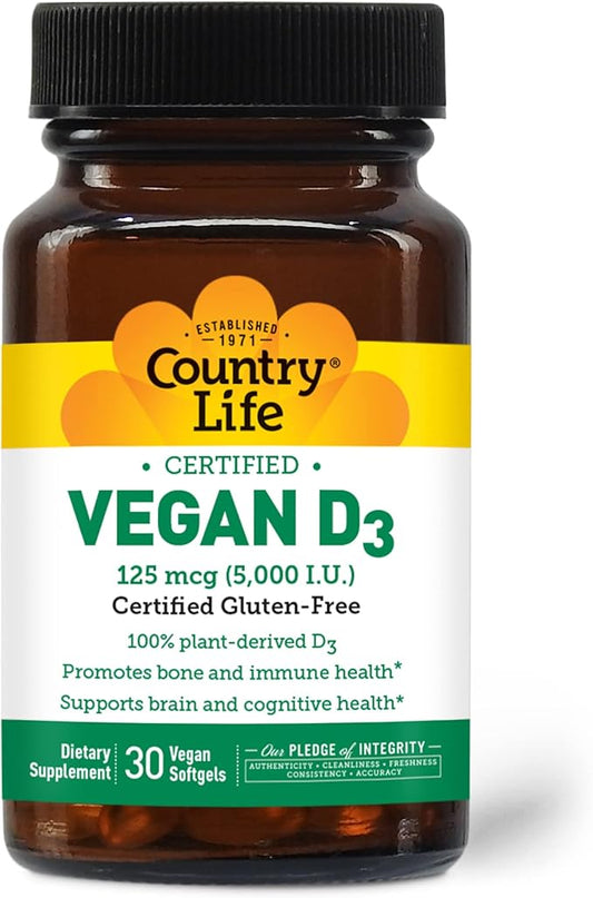 Country Life Vegan D3 5000 IU – Plant-Derived Vitamin D3 from Lichen – High Potency Immune & Bone Support – Certified Vegan, Gluten-Free, Non-GMO – 30 Softgels