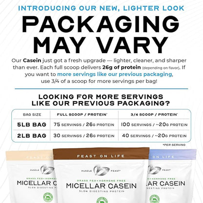 Muscle Feast Grass Fed Micellar Casein Protein Powder, Pasture Raised & Hormone Free, Slow Digesting Casein Protein - Supports Overnight Muscle Recovery, Gluten Free Protein Powder - Unflavored, 4lb