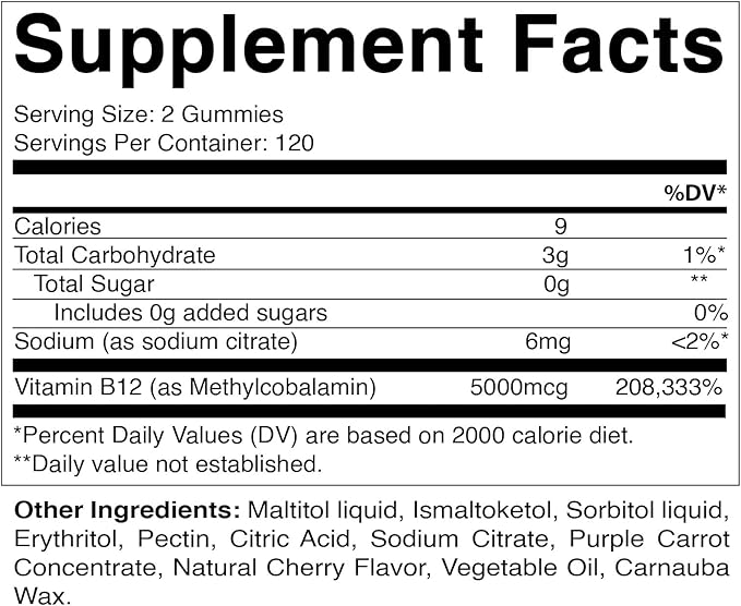 Vitamatic Extra Strength Vitamin B12 5000 mcg (Methyl B12) Gummies - 240 Count, Natural Cherry Flavored