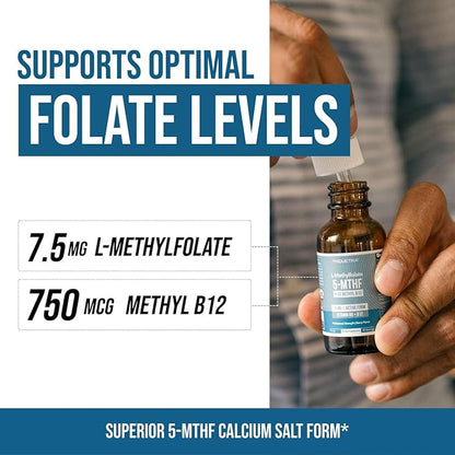 Organic L Methylfolate 7.5 mg Plus Methyl B12 Cofactor - Metabolically Active 5-MTHF Form, Superior Form of Folate - Organic Berry Flavor, Liquid Sublingual Form – Mood, Cognition, Methylation (1oz)