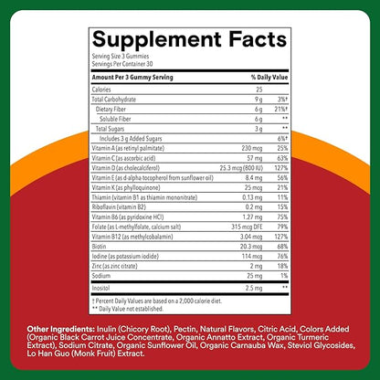 SmartyPants Fiber Supplement & Multivitamin for Men & Women - Improved Formula: Prebiotic Fiber Gummies with Omega 3 (DHA/EPA), Vitamin D3, C, Vitamin B12, B6, A, K & Zinc, 90 Count (30 Day Supply)