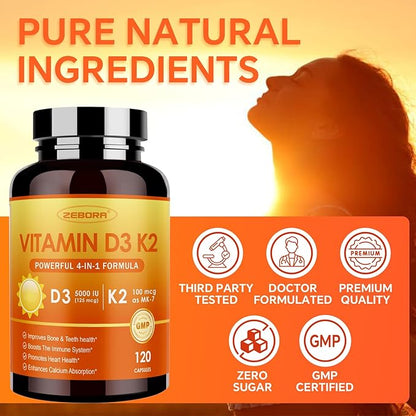 ZEBORA Vitamin D3 K2-5000 IU (125 mcg) Vitamin D & K2 (MK-7) 100 mcg with Zinc & Selenium - Maximum Absorption for Bone, Teeth, Heart & Immune Support - Gluten-Free, 120 Capsules