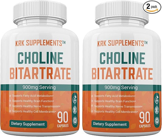 2 Bottles Choline Bitartrate 900mg Per Serving 180 Total Capsules KRK Supplements