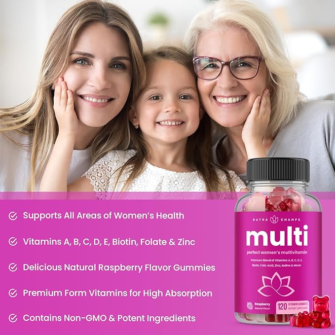 NutraChamps Multivitamin for Women, 120 Count, Vitamins A, B, C, D, E, Biotin, Folic Acid, Womens Gummy Multivitamins, Chewable Daily Multi Gummy Vitamins for Women