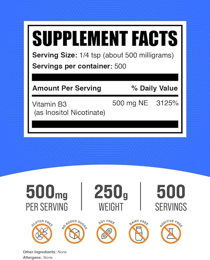 BulkSupplements.com Flush Free Niacin Powder - as Inositol Hexanicotinate, Vitamin B3 Supplement, Niacin 500mg Flush Free - Gluten Free, 500mg of per Serving, 250g (8.8 oz) (Pack of 1)