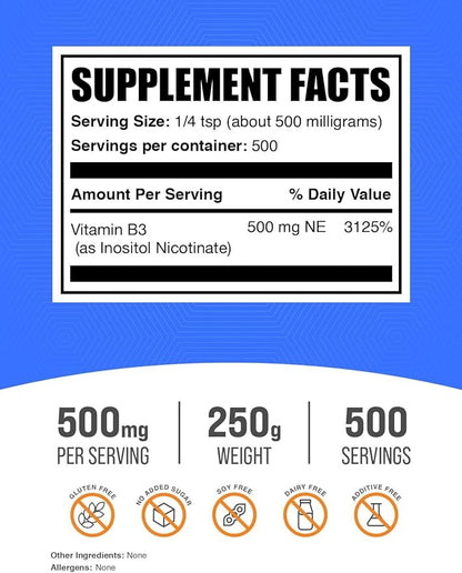 BulkSupplements.com Flush Free Niacin Powder - as Inositol Hexanicotinate, Vitamin B3 Supplement, Niacin 500mg Flush Free - Gluten Free, 500mg of per Serving, 250g (8.8 oz) (Pack of 1)