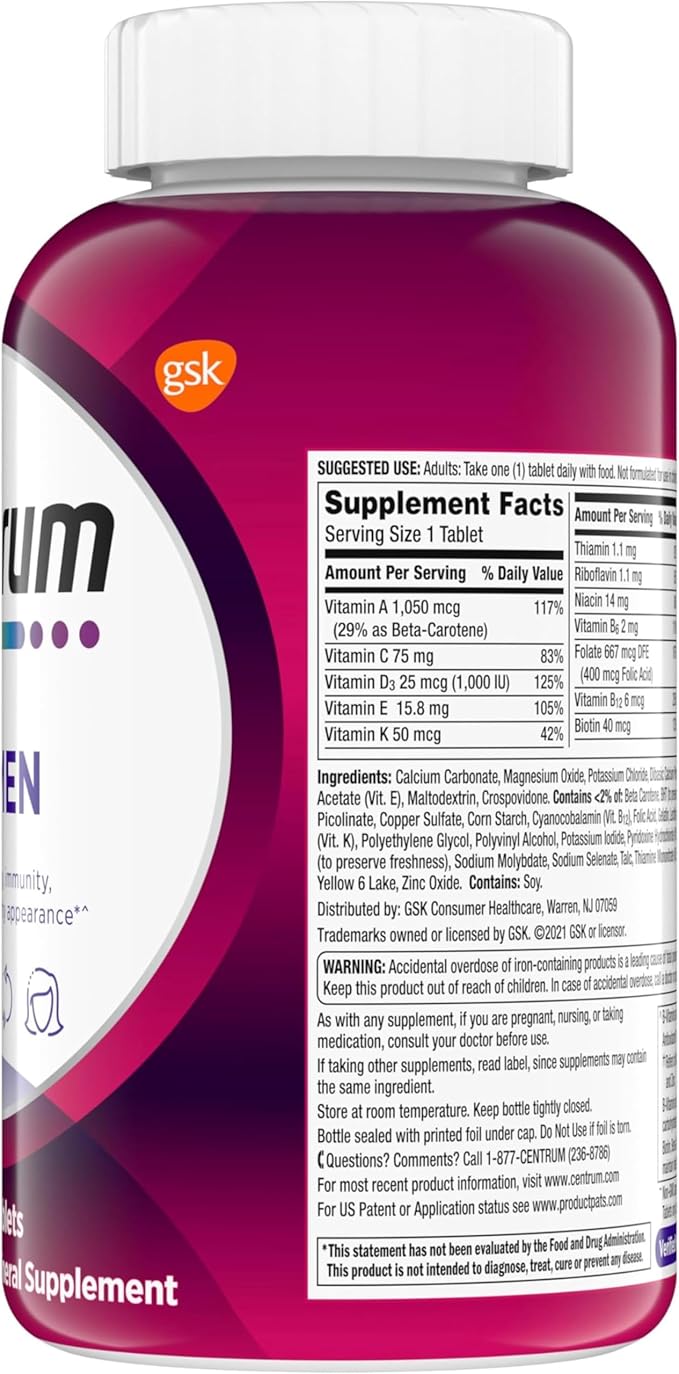 Centrum Multivitamin for Women, Multivitamin/Multimineral Supplement with Iron, Vitamin D3, B Vitamins and Antioxidant Vitamins C and E, Gluten Free, Non-GMO Ingredients - 250 Count