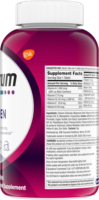 Centrum Multivitamin for Women, Multivitamin/Multimineral Supplement with Iron, Vitamin D3, B Vitamins and Antioxidant Vitamins C and E, Gluten Free, Non-GMO Ingredients - 250 Count