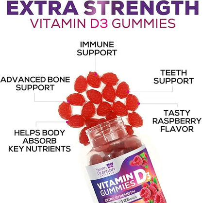 Vitamin D3 Gummies 5000 IU (125 mcg) - Extra Strength Immune Support, Bone, Teeth and Muscle Vitamin D Gummy Dietary Supplement, Nature's Berry D Vitamin Supplement, Raspberry, Non-GMO - 120 Gummies