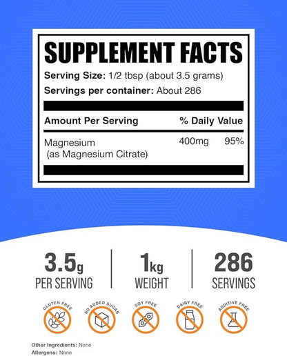 BulkSupplements.com Magnesium Citrate Powder - Magnesium 400mg Supplement, Easily Absorbable - Pure & Gluten Free, 3.5g per Serving, 1kg (2.2 lbs) (Pack of 1)