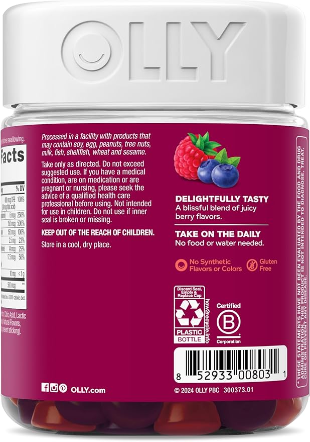 OLLY Women's Daily Multivitamin Gummy, Vitamins A, D, C, E, Biotin, Folic Acid, Adult Chewable Vitamin, Berry Flavor, 65 Day Supply - 130 Count