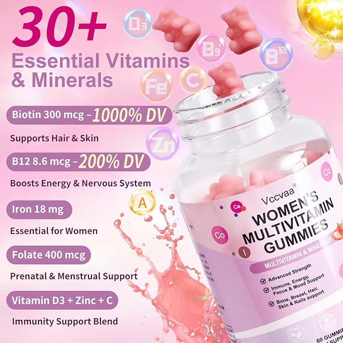 Sugar Free Multivitamin Gummies for Women 14+ with Iron, Inositol, Folate, Vitamins A C D3 E B12 K2, Herbal & Mineral Blend, Daily Vegan Gummy for Hair, Skin, Energy, Immune Support – 60 Count