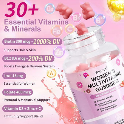 Sugar Free Multivitamin Gummies for Women 14+ with Iron, Inositol, Folate, Vitamins A C D3 E B12 K2, Herbal & Mineral Blend, Daily Vegan Gummy for Hair, Skin, Energy, Immune Support – 60 Count
