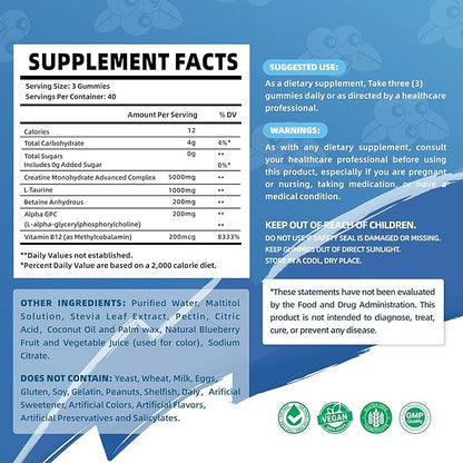 Creatine Monohydrate Gummies Complex for Men & Women - 120 Gummies Advanced Formula, L-Taurine + Vitamin B12 for Muscle Strength, Muscle Builder, Energy Boost, Pre-Workout Supplement -Blueberry