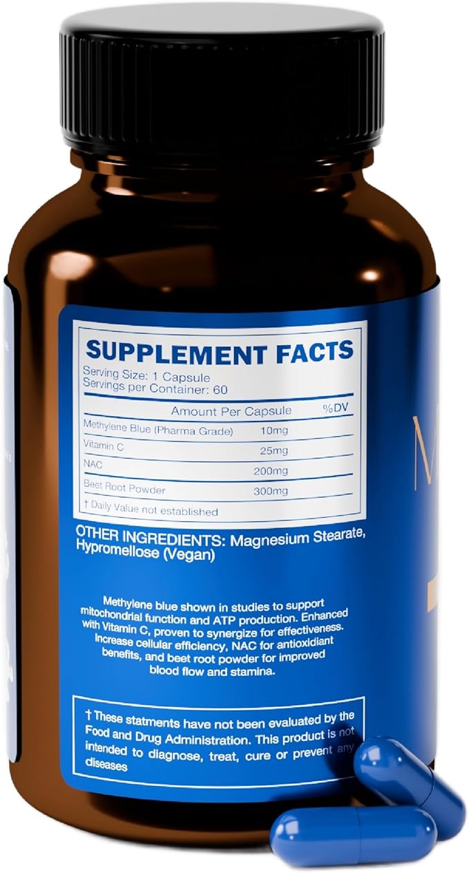 Methylene Blue Capsules (USP Pharma Grade) with NAC for Antioxidant Support, Vitamin C for Absorption, Beet Root for Blood Flow, Cognitive Brain Boost, Memory, Focus & Energy 60ct