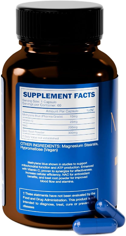 Methylene Blue Capsules (USP Pharma Grade) with NAC for Antioxidant Support, Vitamin C for Absorption, Beet Root for Blood Flow, Cognitive Brain Boost, Memory, Focus & Energy 60ct