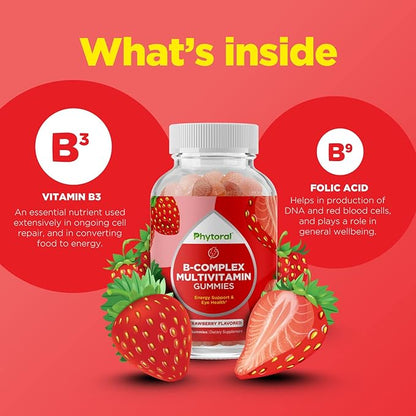 Vitamin B Complex Gummies for Adults & Kids - B Vitamins Complex with Thiamin, Riboflavin, Niacin, 6, 12 and Folate - Blend Supplement for Nervous System Support Energy & High Strength - 60 Gummies