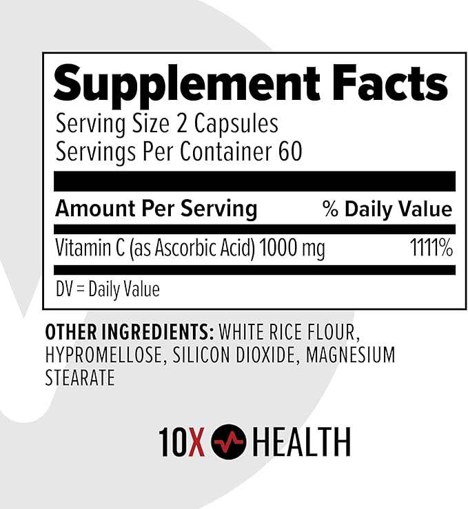 10X Health Vitamin C 1000mg - 120 Capsules Vitamin C, High Dose Ascorbic Acid for Immunity, Antioxidant Protection, Collagen & Tissue Support for Adults - VitaminC 1000 mg - Non-GMO, Gluten-Free