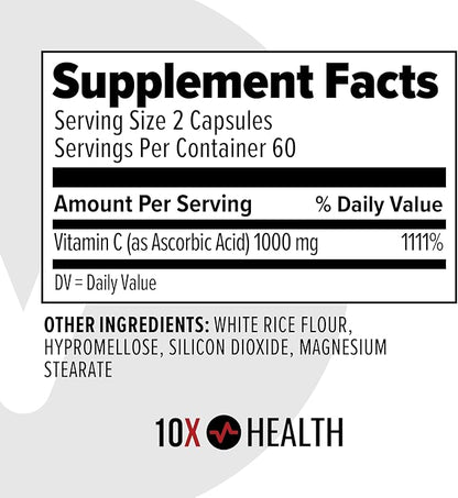 10X Health Vitamin C 1000mg - 120 Capsules Vitamin C, High Dose Ascorbic Acid for Immunity, Antioxidant Protection, Collagen & Tissue Support for Adults - VitaminC 1000 mg - Non-GMO, Gluten-Free